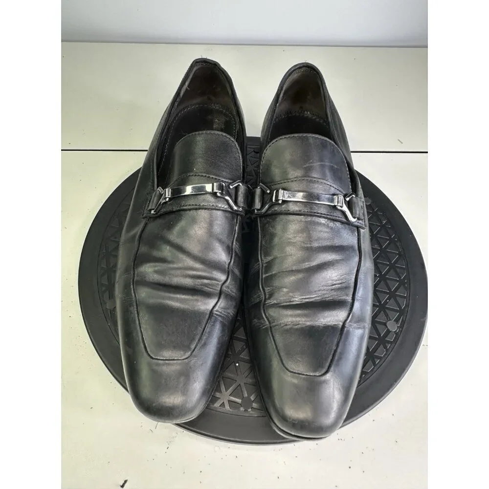 HUGO BOSS Men Size 8 Vero Cuoio Black Leather Horsebit Slip On Loafers Shoes